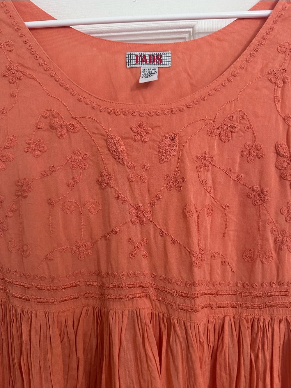 Fads Embroidered Boho Peasant Salmon/coral Midi Dress M Vintage 90s - Picture 5 of 8